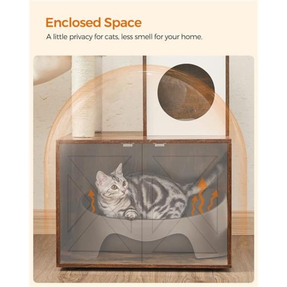 2-in-1 Modern Tower Cat Condo Cat Tree with Litter Box Enclosure, Rustic Brown - Picture 3 of 8
